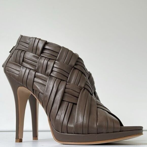 Boutique 9 Ashoe Woven Leather Cage Booties Women’s 8.5M Taupe Peep Toe High Hee - Picture 3 of 9